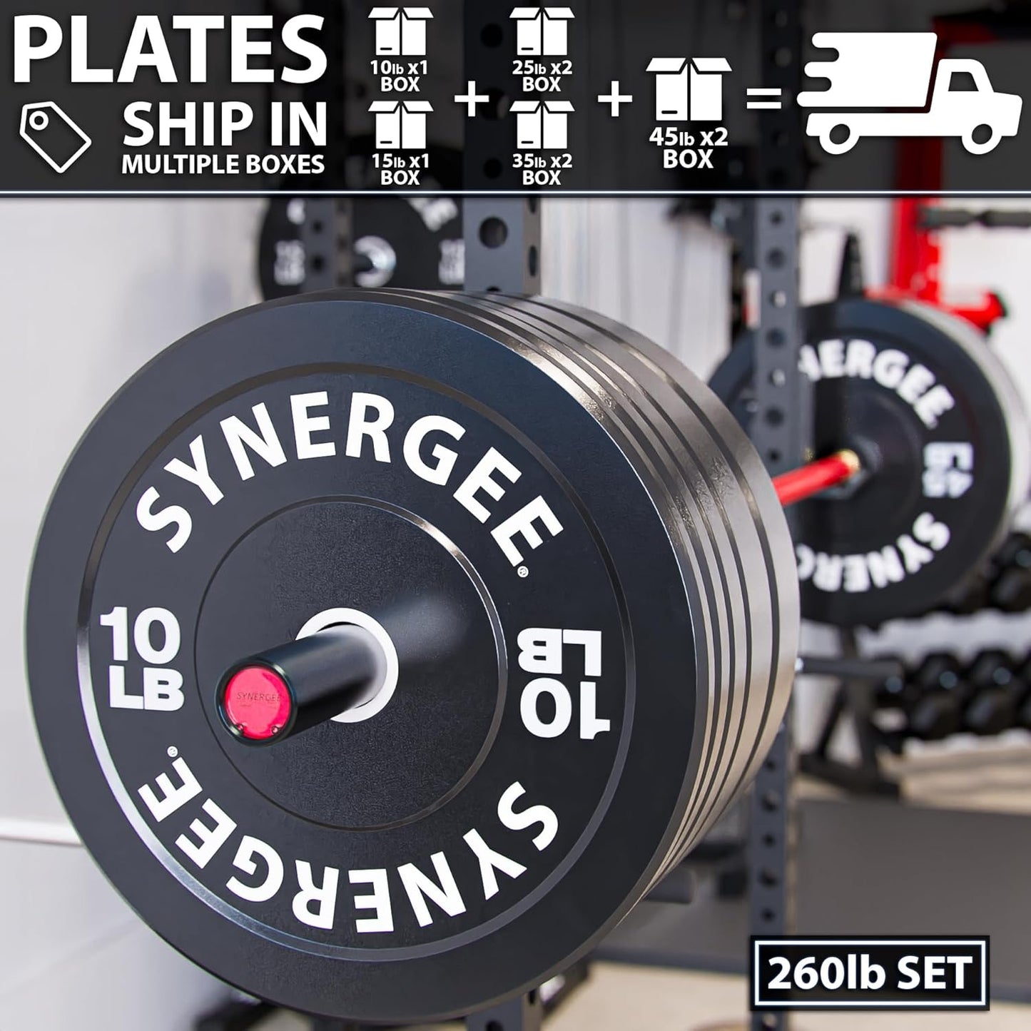 Synergee Bumper Plates – Durable Olympic Weight Plates, Low-Bounce Rubber for Strength Training, Powerlifting, and Functional Workouts.
