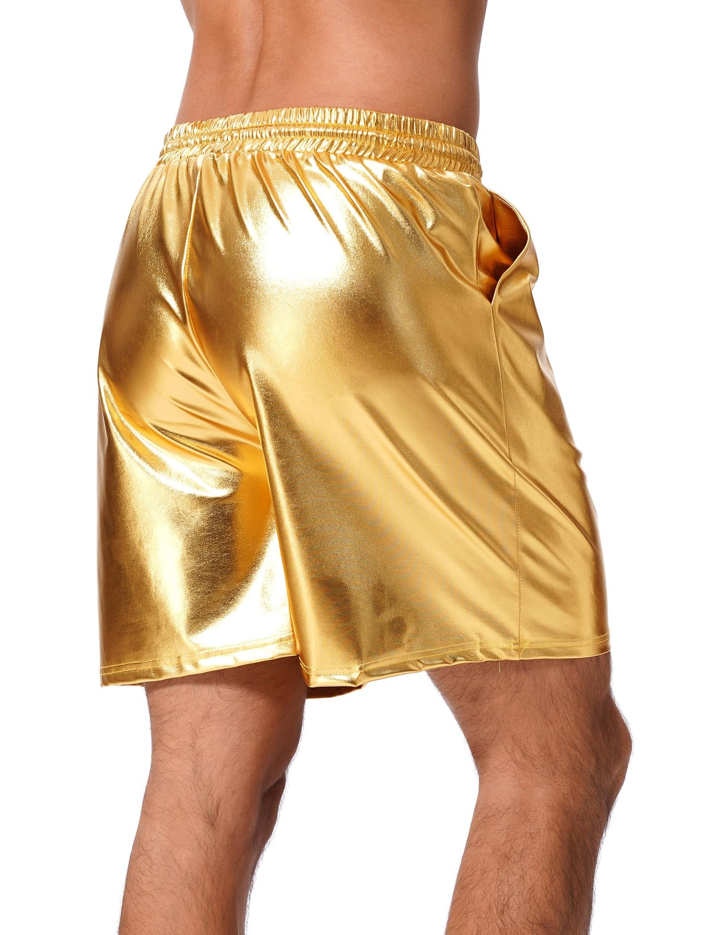 ABAFIP Men's Shiny Metallic Shorts Drawstring Sparkly Dance Hot Pants Disco Rave Party Outfit with Pockets Gold X-Large