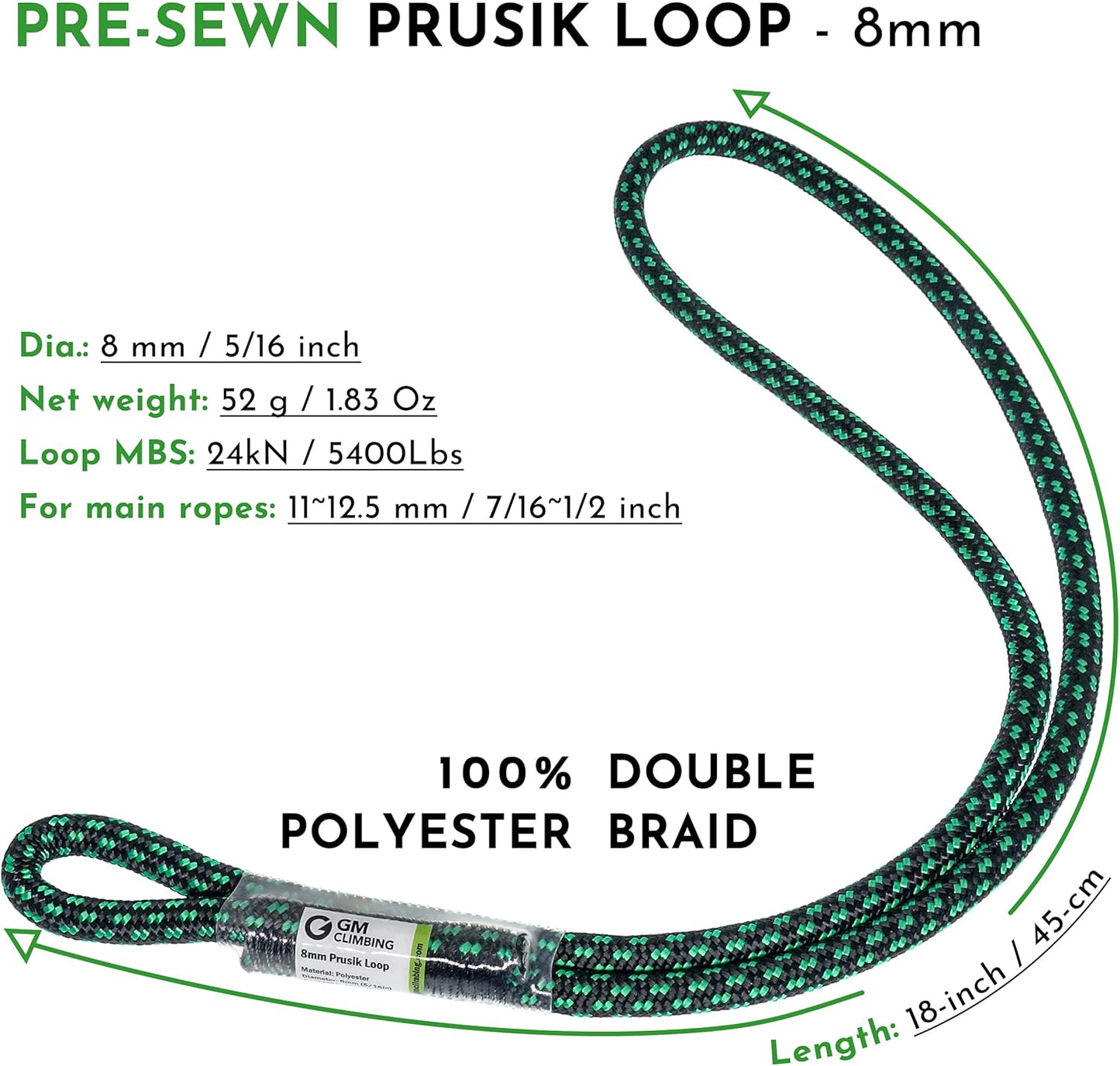 GM CLIMBING 8mm (5/16") Prusik Loop Pre-Sewn 18 inches / 24 inches