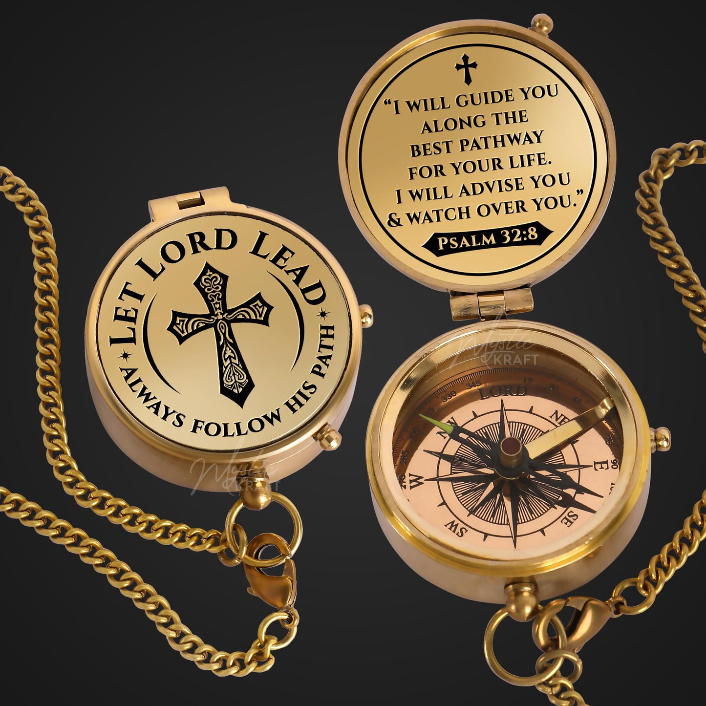 MYSTICKRAFT Engraved Brass Pocket Compass Gift - Psalm 32:8, First Communion Gifts, Baptism Gifts for Boys, Confirmation Gifts, Gifts for Men, Catholic Religious Christian Easter Gifts for Kids