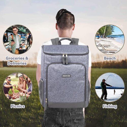 Insulated Cooler Backpack Food Delivery Bag with Drink Cup Holders, Pocket | Soft Sided Backpack Cooler Insulated Leak Proof 30 Can Travel Cooler Bag for Groceries, Camping, Beach (Heather Grey)