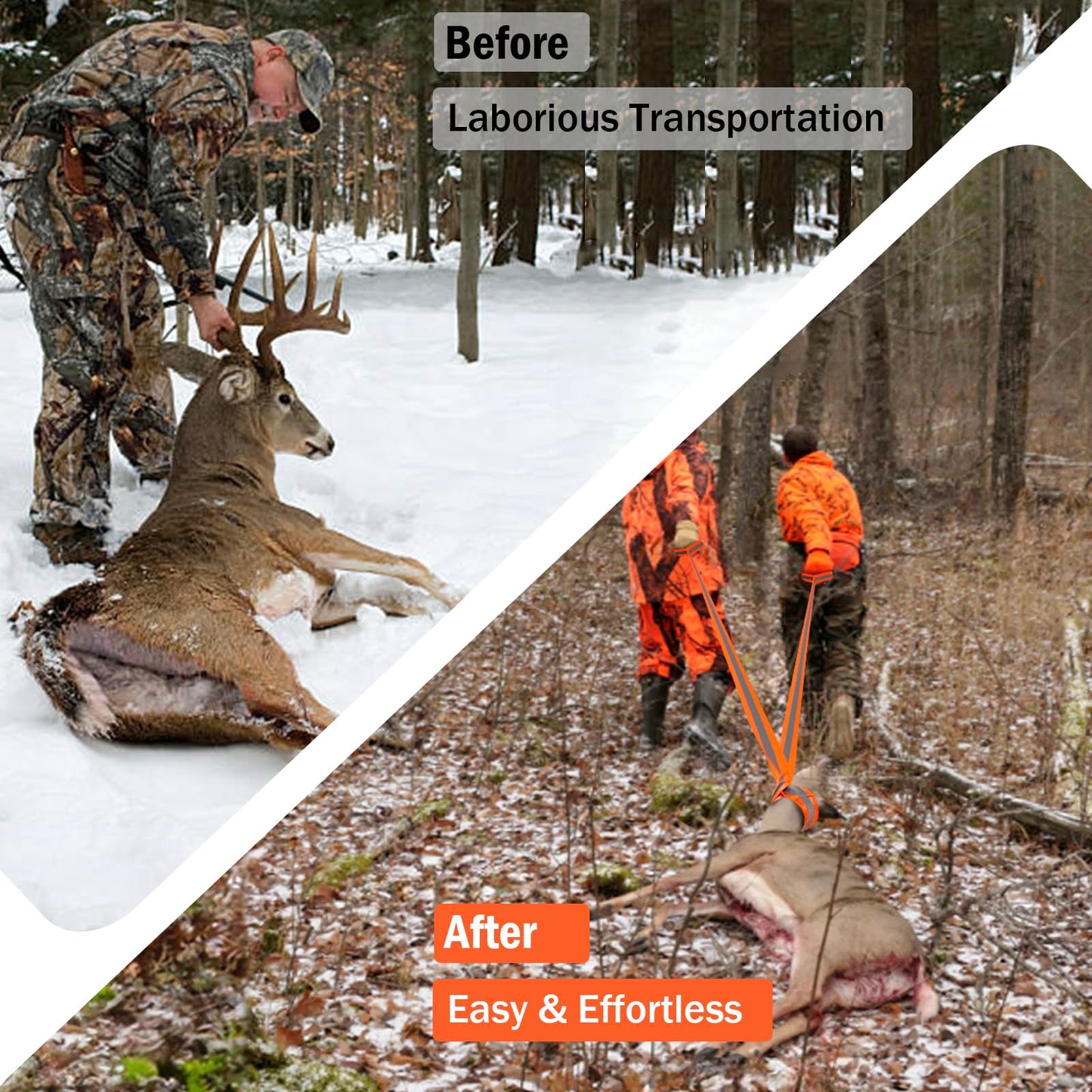GearOZ Deer Drag Ropes with Harness, 2PCS Durable Deer Hunting Pull Strap 76" Reflective Orange Strap with Sturdy Handle, Easy to Use Deer Hunting Gift for Hunter/Men, Ideal Hunting Gear Accessories