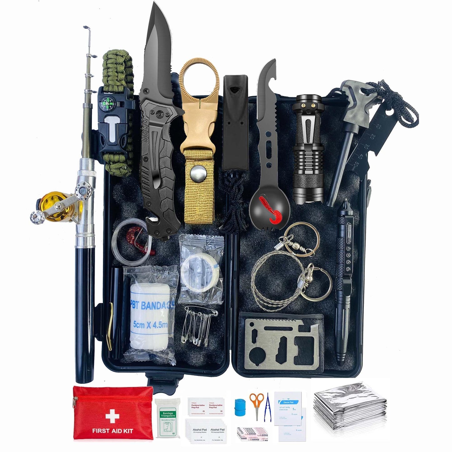 First Aid and Survival Kit, Outdoor Survival Gear Equipment with Telescopic Pen Fishing Rod for Camping Hunting Hiking Adventures, Birthday Gifts for Men Dad Him Husband Boyfriend Teen Boy