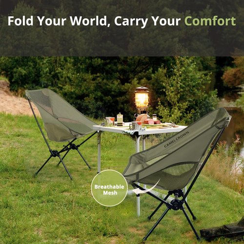 CAMEL CROWN Portable Camping Chair Lightweight Compact Folding Chair Mesh for Outdoor Camp Travel Beach Picnic Festival Hiking Backpacking Army Green
