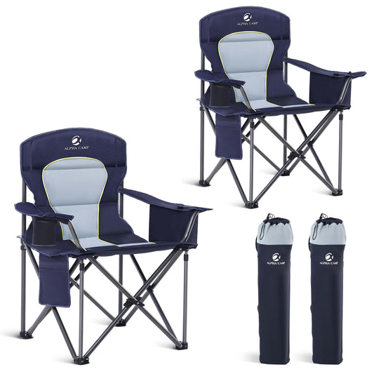 2 Pack Oversized Folding Camping Chairs High Back Heavy Duty Padded Lawn Chair for Adults Support up to 450lbs with Cup Holder, Side Pocket Cooler Bag, Blue