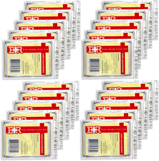 Ever Ready First Aid Mylar Rescue Blanket, Large Silver Thermal Sheet for Emergency and Survival, 54” x 84” – 20 Count