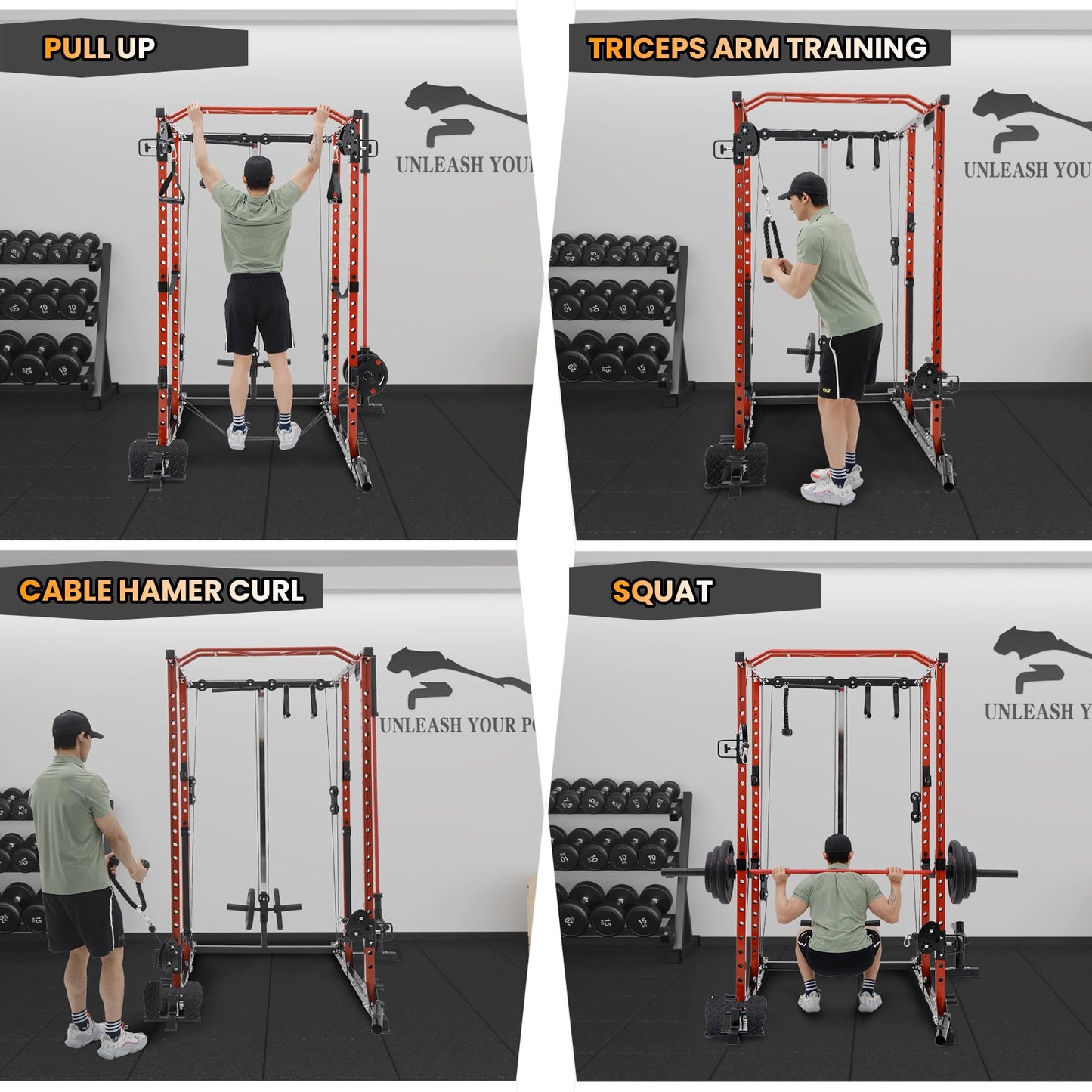 GaveeLife Power Cage, 2000 LBS Power Rack with Cable Cross-Over System, Multi-Functional Strength Training Squat Rack with LAT Pull Down System, Home Gym Equipment with Training Attachment, Red