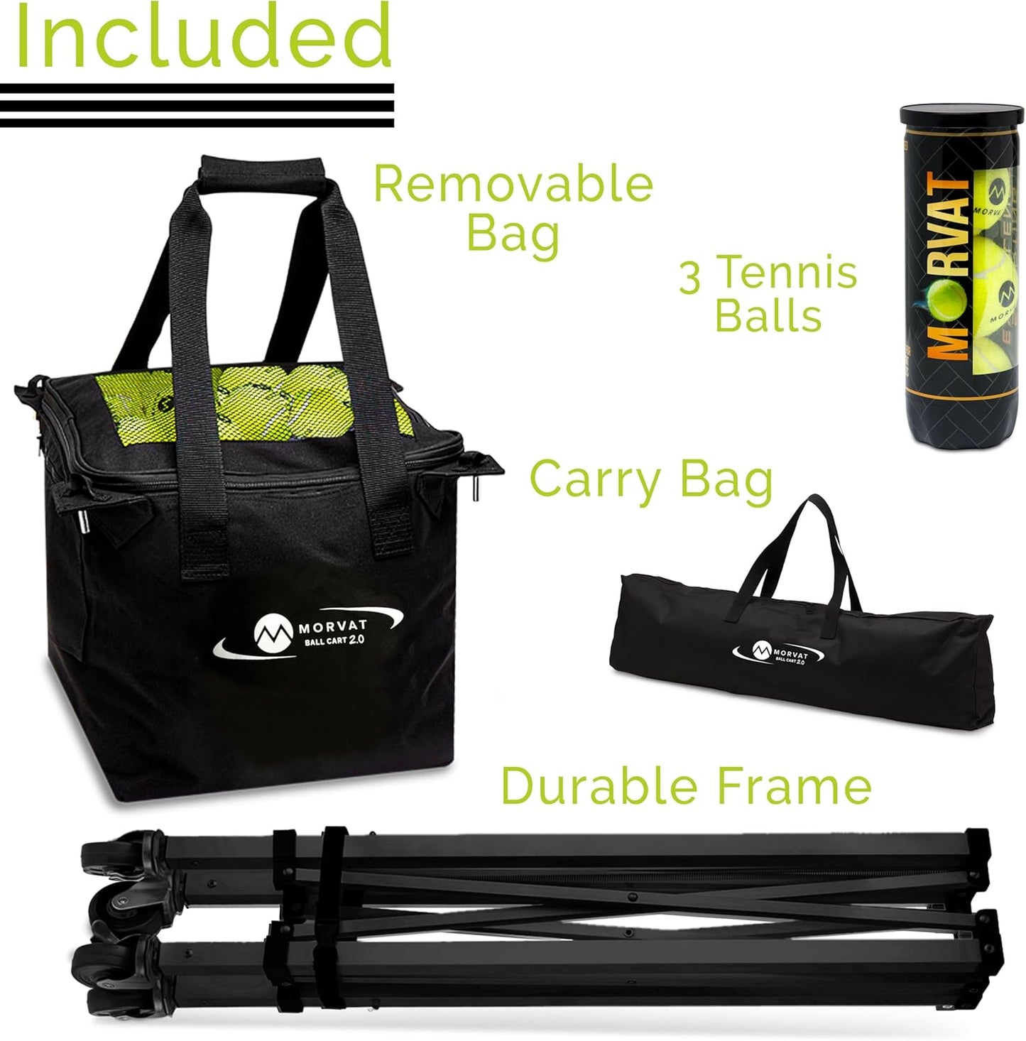 MORVAT Professional Tennis & Pickle Ball Hopper Holds 165 Balls Heavy-Duty Pro Sports Practice Cart, Foldable Portable Compact & Lightweight Zippered Pocket & Racket Holder, Carry Bag + 3 Tennis Balls