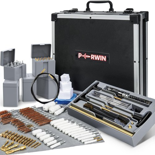 PERWIN Universal Gun Cleaning Kit Deluxe for All Caliber Pistol Rifle Handgun Shotgun Hunting Cleaning Kits with All Brass Brushes, Rods, Jags, Screwdriver Set and high-end Aluminum Box