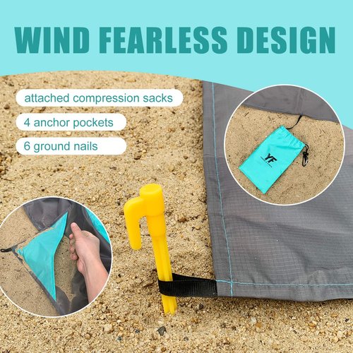 Yonge & Finch Large Beach Blanket Sandproof Heat-Resistent Beach Mat Machine Washable Camp Packable Pocket Blanket Waterproof Outdoor Blanket Fit 4-7 Persons 83 * 79inch Acid Blue