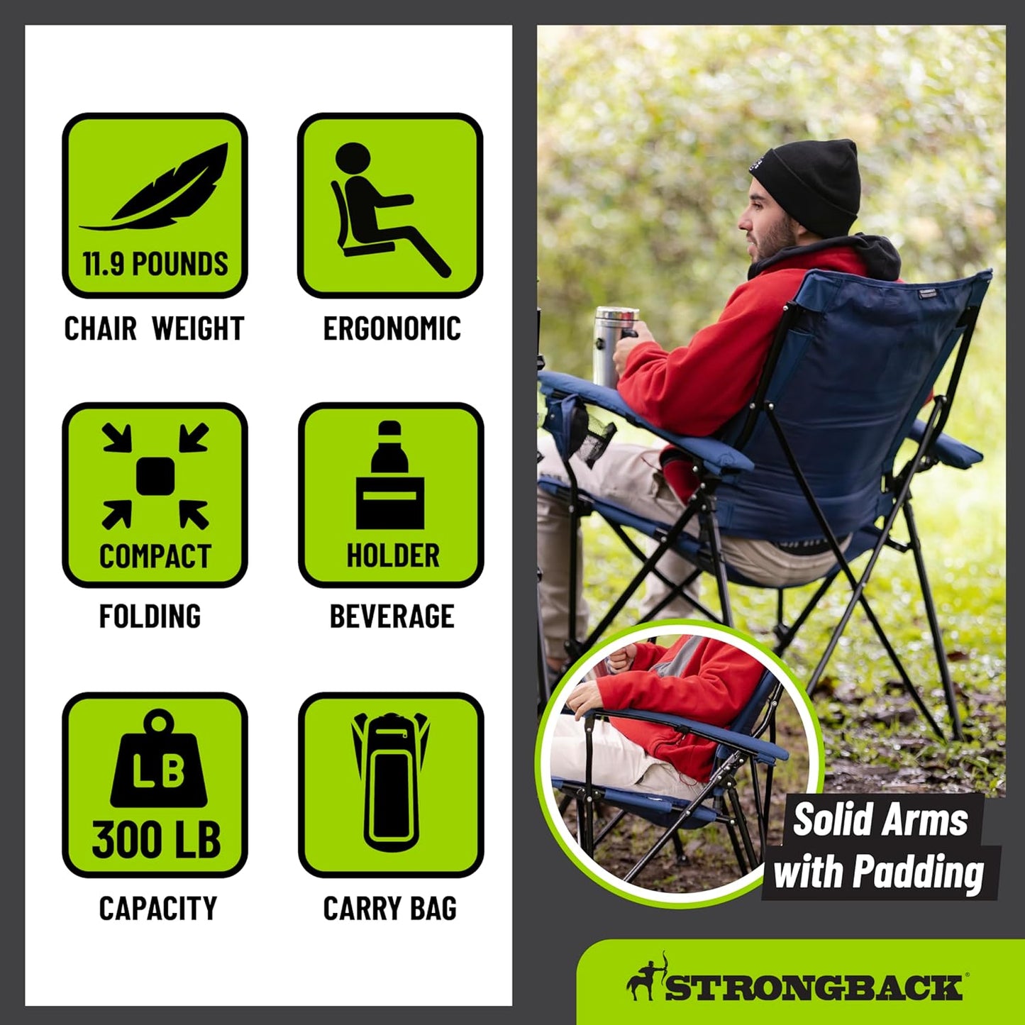 STRONGBACK Elite Folding Camping Lawn Lounge Chair Heavy Duty Camp Outdoor Seat with Lumbar Support and Portable Carry Bag - Navy/Grey