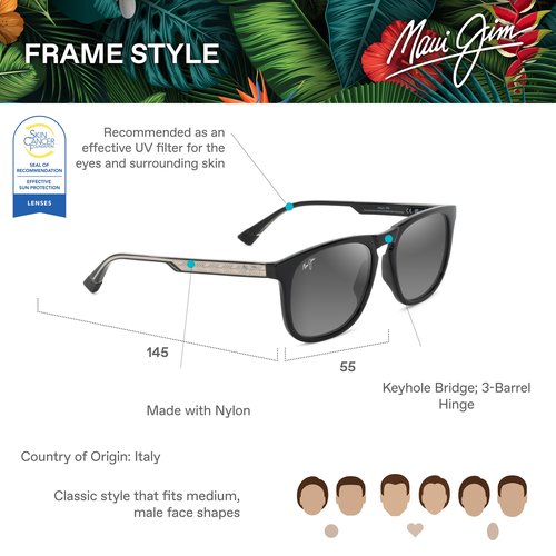 Maui Jim Men's Kupaa Square Sunglasses, Shiny Black W/Trans Light Grey/Neutral Grey Polarized, Medium