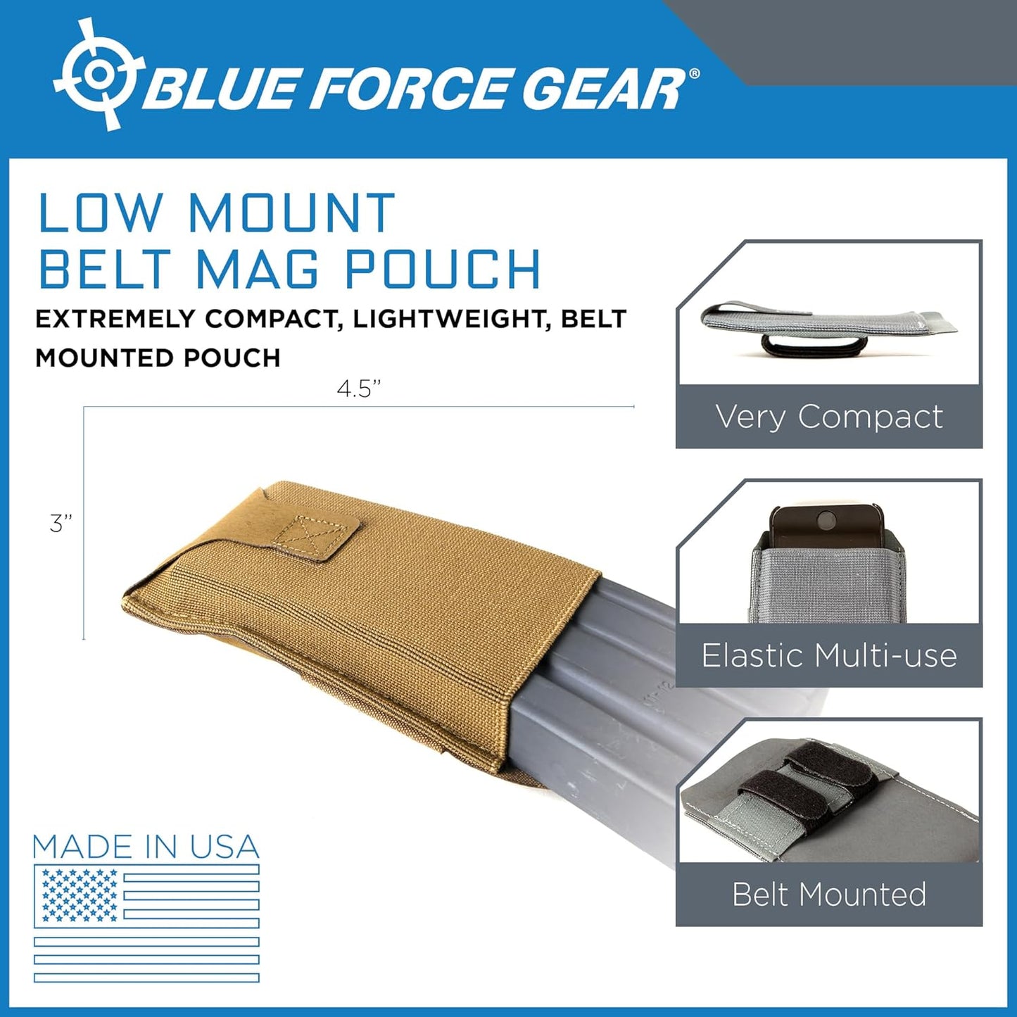 Blue Force Gear Low-Rise Single Belt Mag Pouch - Coyote Brown - Ten-Speed Elastic Front Belt Pouch MOLLE Panel - Military-Grade