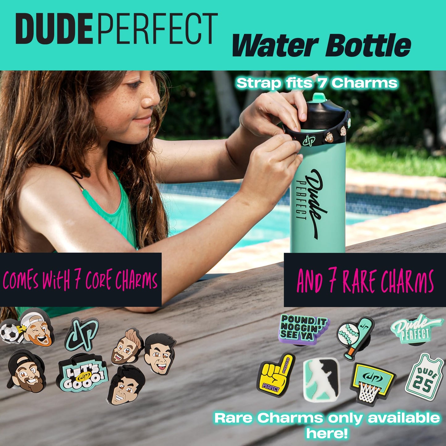Dude Perfect Water Bottle with Rare Charms | Stainless Steel Double-Wall Vacuum Insulation | Leak Proof Flex Straw Lid | NOGGZ for Carry-Strap | Sports Grip Reusable Travel Cap for Kids | 24 oz Teal