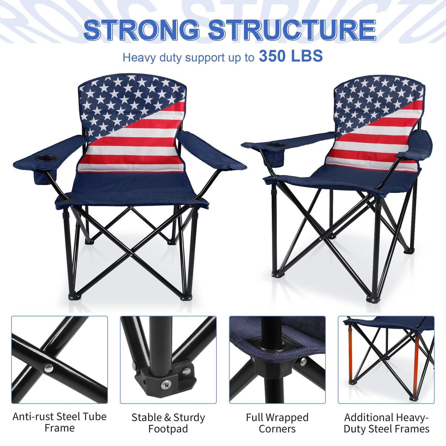Folding Camping Chairs 2 Pack:Oversized Padded Lawn Chair for Adult,Collapsible for Outdoor,Camp,Fishing & Garden,350-lbs Capacity,American Flag