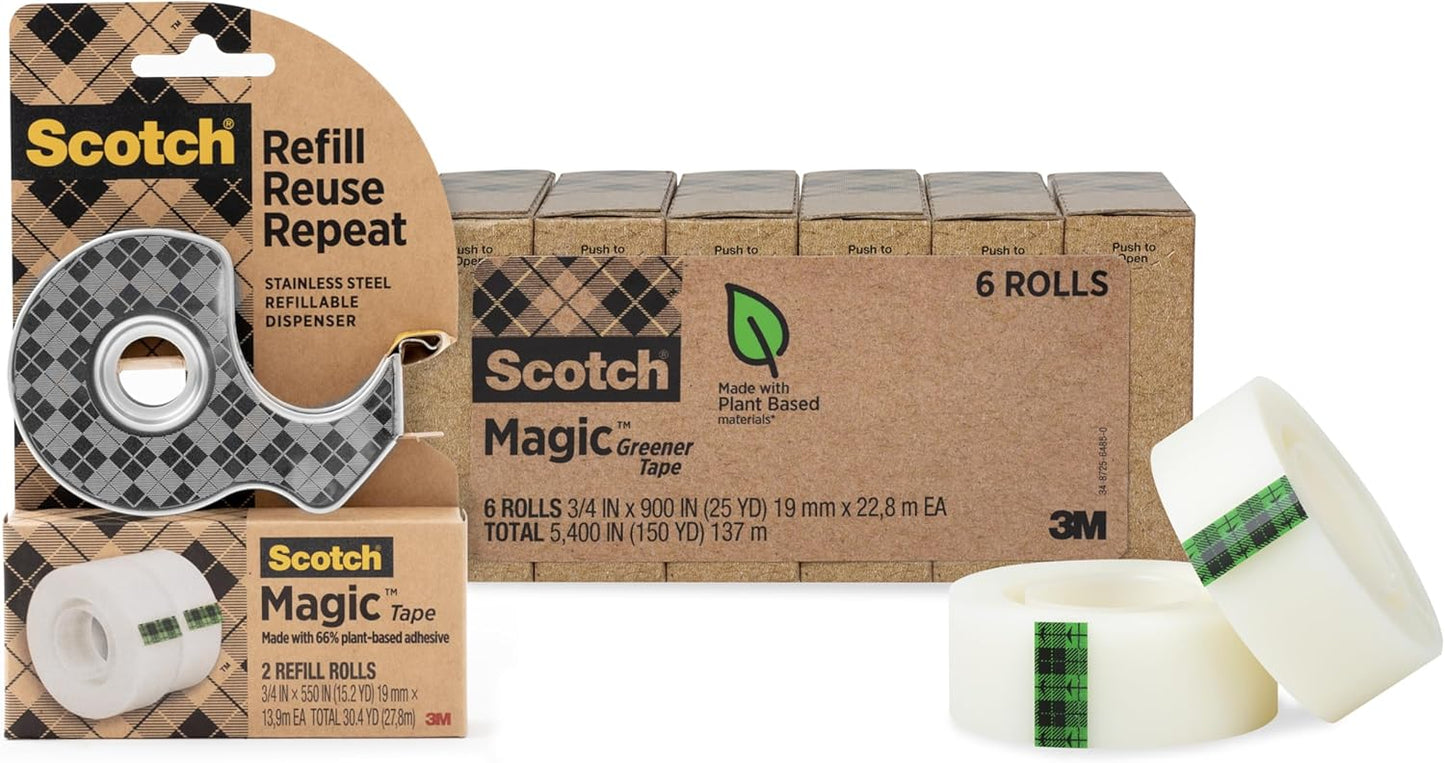 Scotch Magic Tape Stainless Steel Refillable Dispenser with Plant-Based Adhesive Refill Pack, Includes 2 Rolls of Invisible Tape, 3/4 in x 550 in