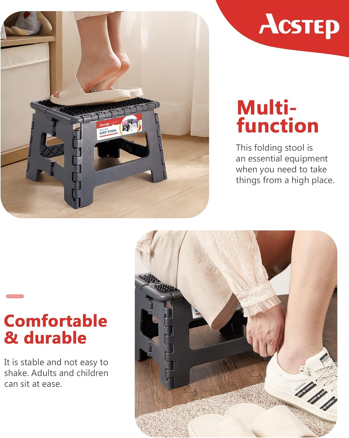 ACSTEP Folding Step Stool Foldable Stool 7.5 Inch Height Kids Step Stool, 300 lb Capacity Plastic Collapsible Stool, Stepping Stool with Handle Black Small Step Stool, Foot Stool Suitable for Kitchen