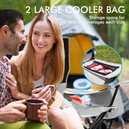 Double Camping Chair for Adults Folding Loveseat 2 Person Camping Couch with Cooler Bag Heavy Duty Oversized Lawn Chair Support 550 lbs for Outdoor Sports Fishing Beach Travel, Picnic, Gray