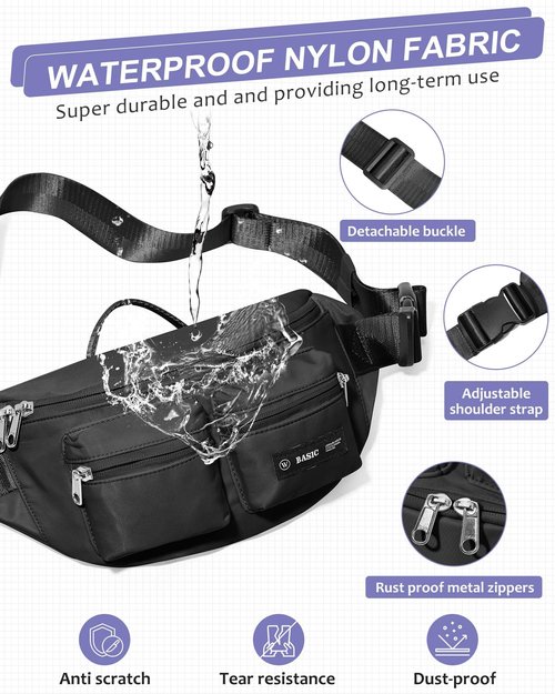 SEAFEW Black Fanny Packs for Women Men, Belt Bag with Mult Zipper Pockets, Waterproof Crossbody Bag, Fashion Waist Packs with Adjustable Long Strap for Workout Running Yoga Shopping Hiking