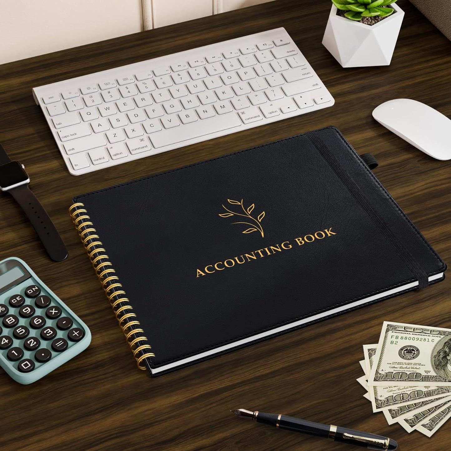 Accounting Ledger Book for Personal & Small Business Bookkeeping, Horizontal Income and Expense Tracker Notebook with Calendar, Hardcover Columnar Log Journal 10.78" x 8", Black