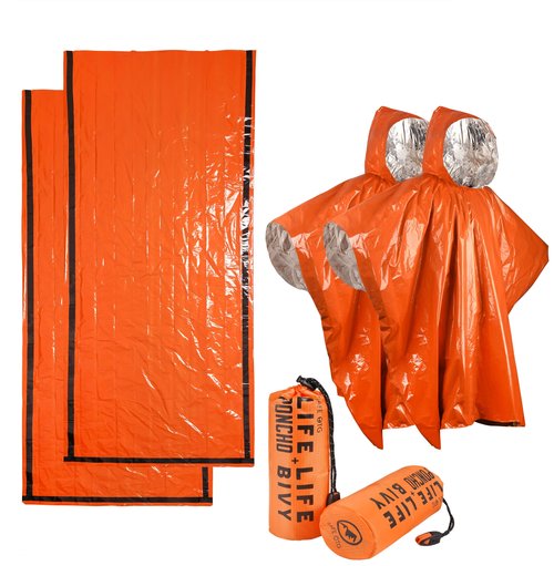 SAFE OTG Emergency Rain Poncho & Sleeping Bag Set of 2 Orange Thermal Mylar Space Blanket Sack Survival Kit for Car Activities Hiking Camping Gear Equipment