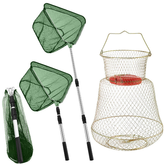 Hollowfly 2 Pcs Steel Wire Fish Basket and Fishing Landing Net with Extension Aluminum Telescoping Pole Includes 1 Portable Fishing Net with Handle 1 Collapsible Wire Fishing Basket for Women Men