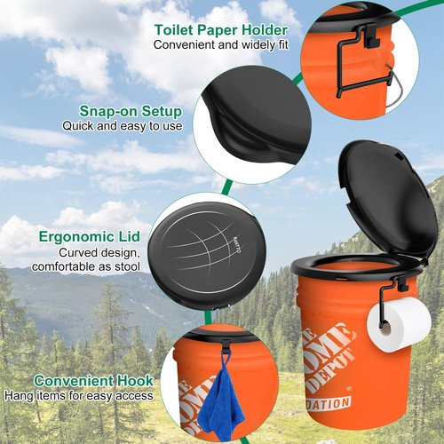 Portable Toilet Seat for 5 Gal Buckets, Camping Toilet with Lid for Adults, Snap-on Toilet Seat for Outdoor, Camping, Hiking, Emergency, Car, Boat (Black)