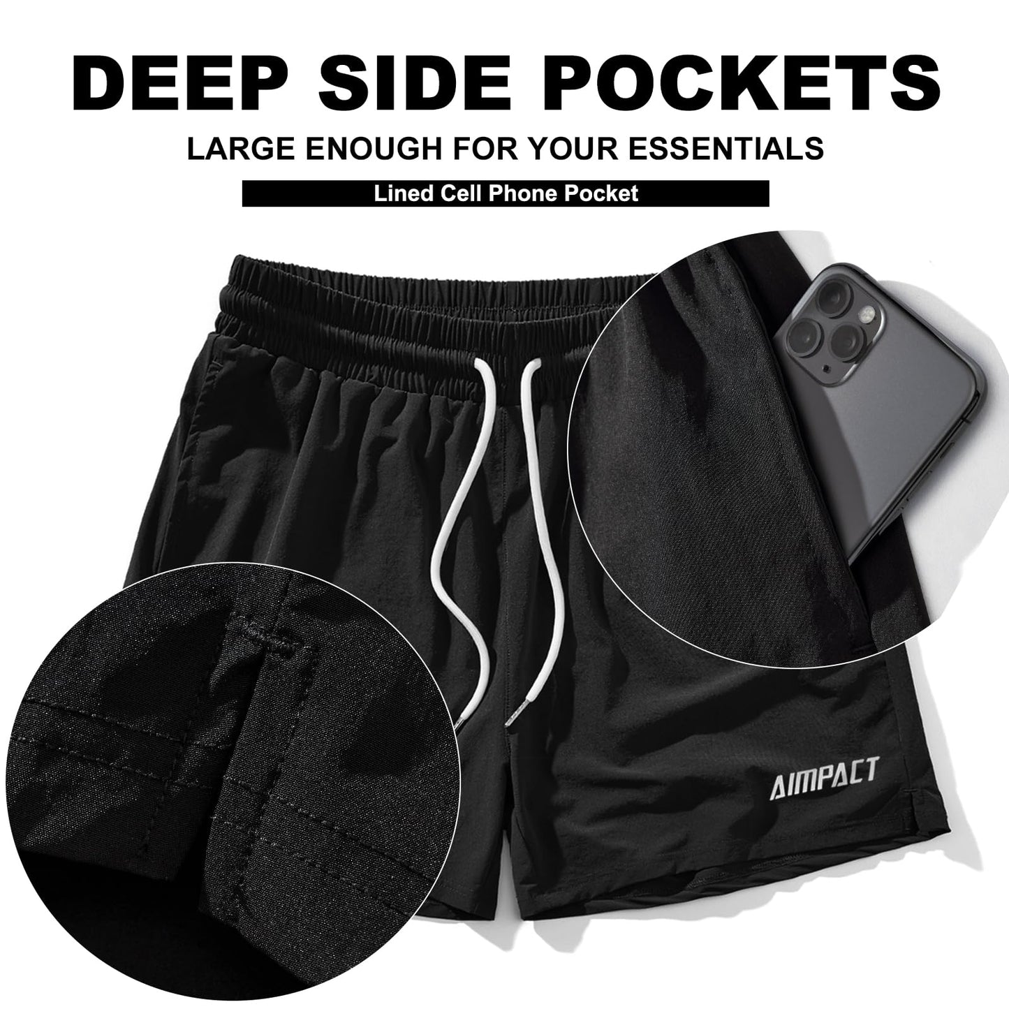 AIMPACT Men's 5 Inches Running Workout Shorts Quick Dry Lightweight Athletic Shorts with Pockets (Black M)