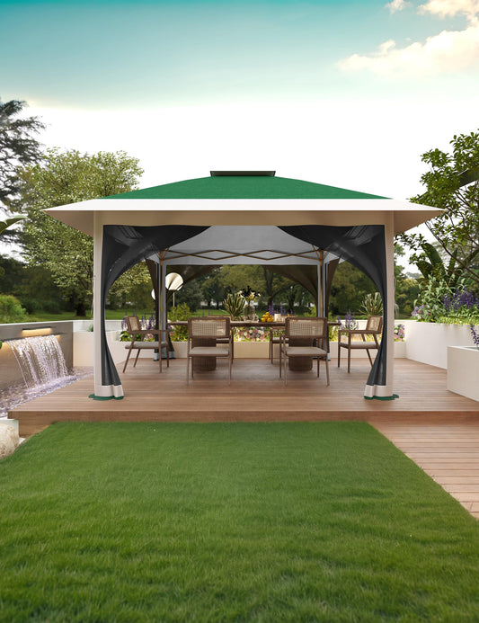 12' x 12' Outdoor Gazebo, Heavy Duty Double Roof Patio Gazebo with Netting and Curtains, Outdoor Patio Canopy for Deck Backyard Garden Lawns, Dark Green & Gray