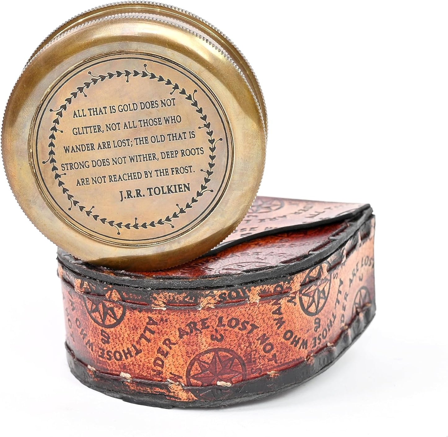 Brass Nautical - Not All Those Who Wander are Lost Brass Gift Engraved Compass with Leather case, Graduation Day Baptism Communion Confirmation Day Motivational LOTR J.R.R. Tolkien