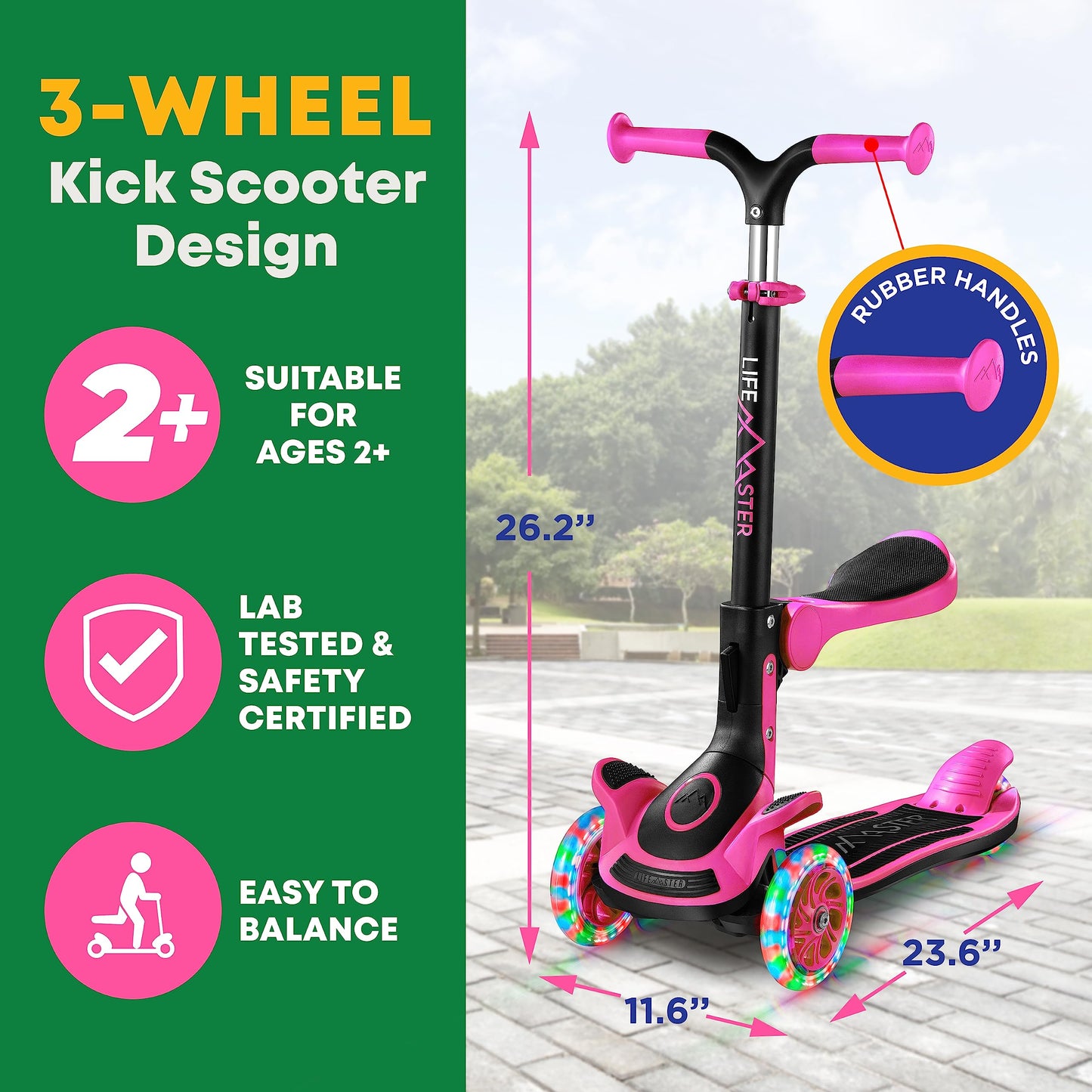 3 Wheel Scooter for Kids with Foldable Seat, Adjustable Handlebar Height, Lean-to-Steer Ride On Toy for Kids Ages 2+, Light-Up LED Wheels, Wide Anti Slip Deck, Indoor & Outdoor Use, Pink
