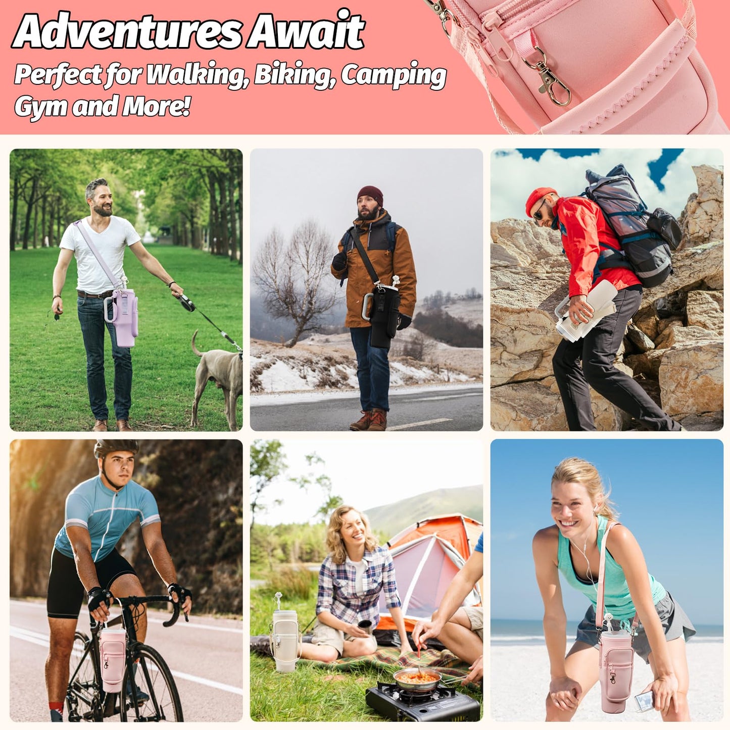 7 PCS Water Bottle Carrier Bag with Phone Pocket for Stanley Cup 40oz Accessories with 2 Straw Covers 2 Straws 2 Brushes Neoprene Water Bottle Holder Pouch with Adjustable Shoulder & Hand Straps