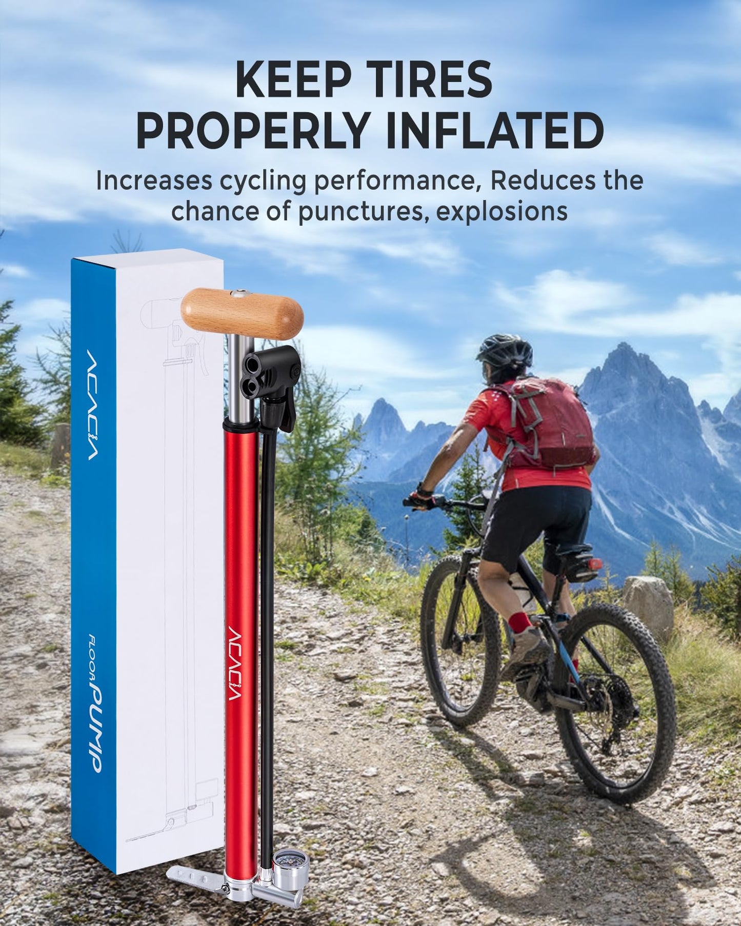 ACACIA Bike Floor Pump with Gauge Fits Presta and Schrader Valve