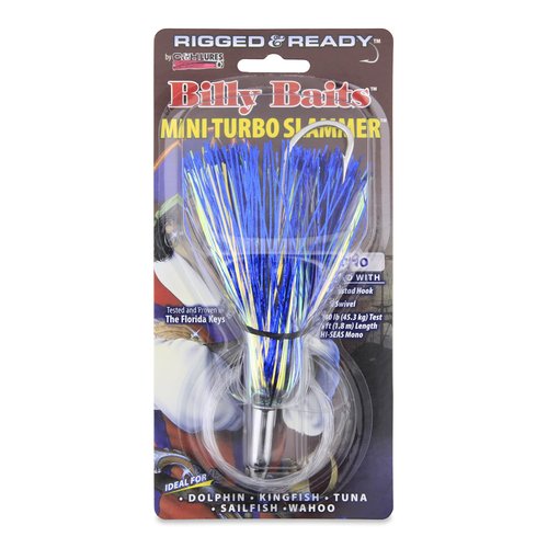 Billy Baits Mini Turbo Slammer Rigged & Ready, Pearl/Blue Shimmer, Concave Head, 7/0 Mustad Hook, AFW Swivel, 100 lb Grand Slam Mono Line, 6 ft