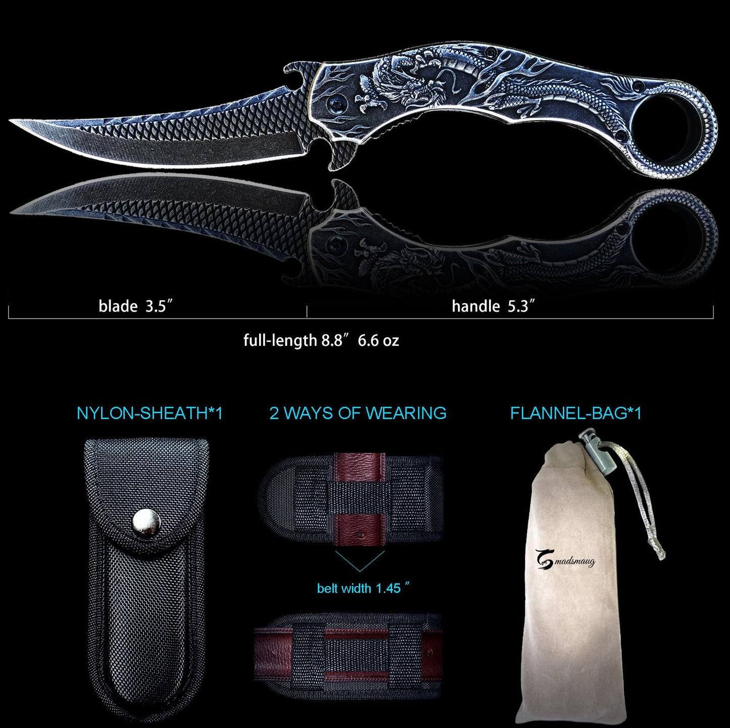 MADSMAUG Pocket Knife, 9Cr18Mo BLADE Pocket Folding Knife With Sheath, Cool 3D Dragon EDC knife, Great Gift Pocket Knife For Men Outdoor Survival Camping (Black)
