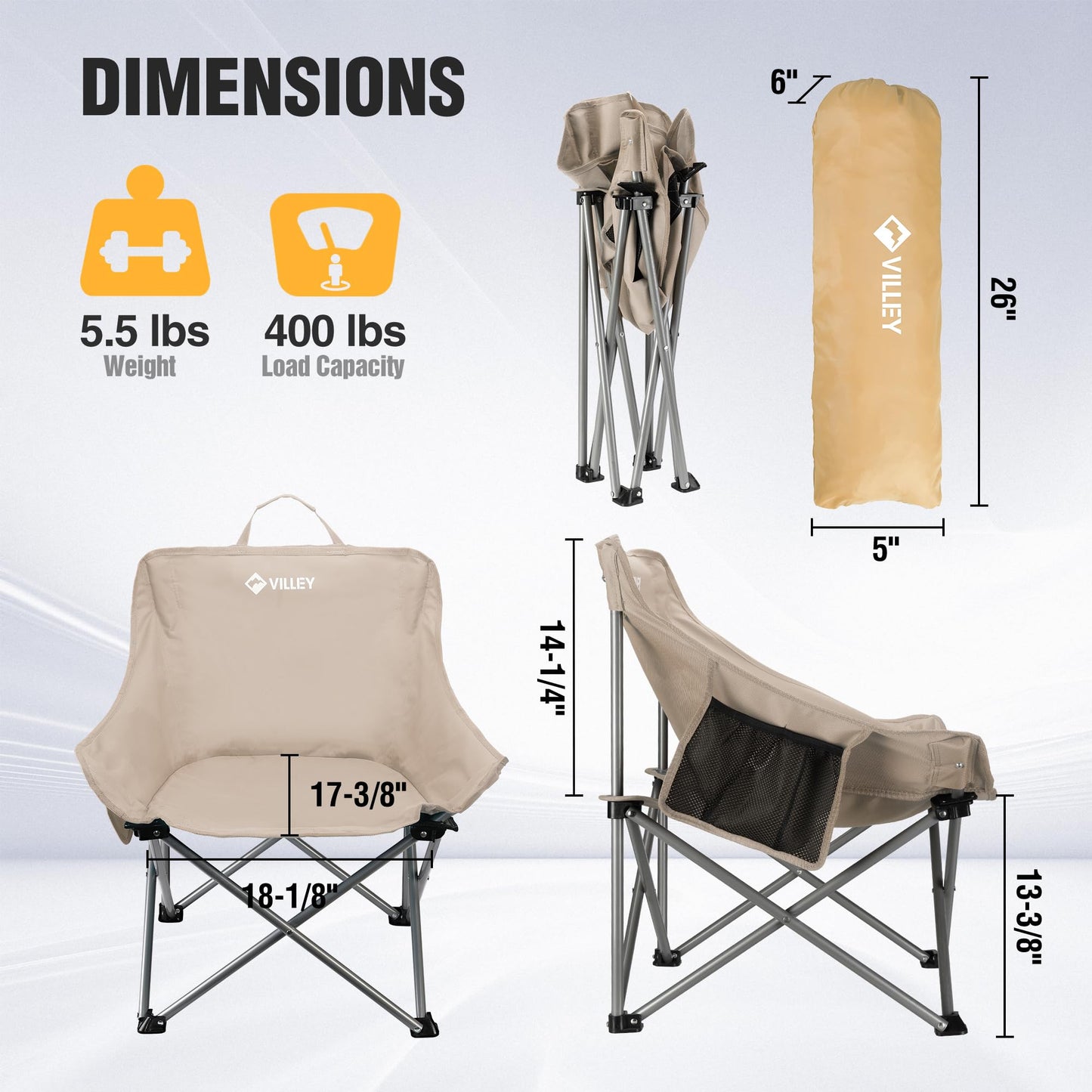 VILLEY Camping Chair Beach Folding Chair, Outdoor Lawn Portable Lightweight Chair, Foldable Chair with Carry Bag, for Outside Hiking, Fishing, Travel, Beach and Sports, Beige