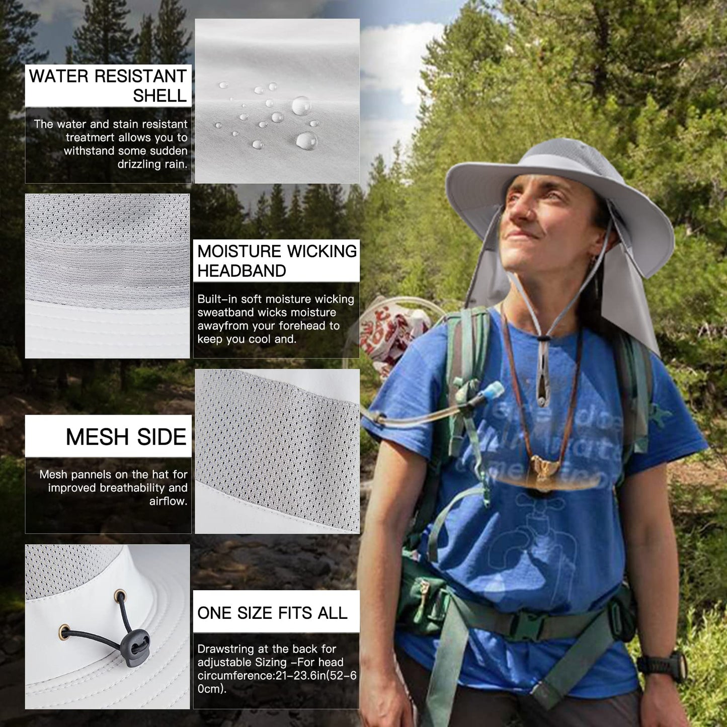 Sclzoed Fishing Hat for Men，Outdoor Sun Hat UPF52+ Mesh Wide Brim Fishing Hat with Neck Flap Light Gray