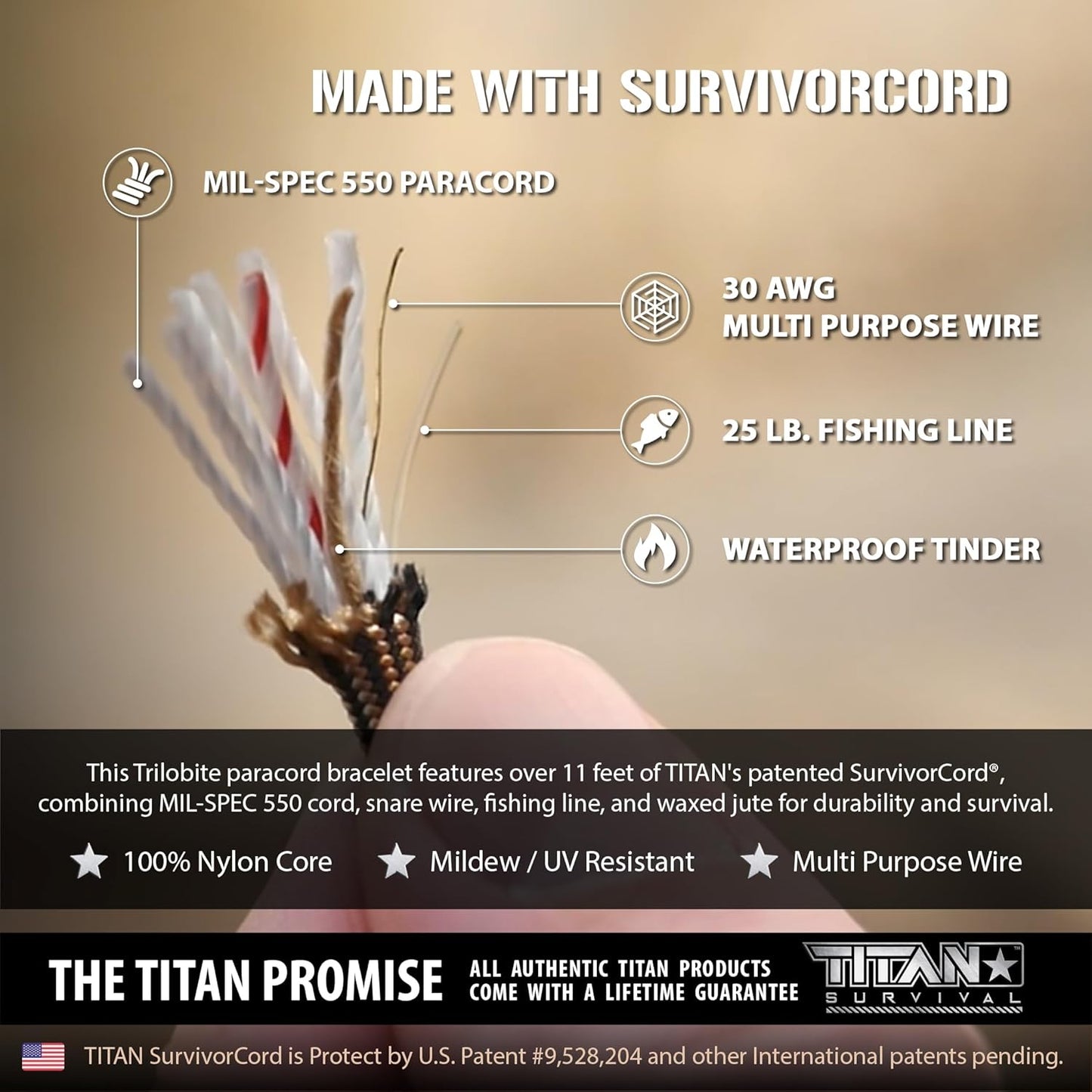 Titan Paracord Survival Bracelet | Made with Patented SurvivorCord (550 Paracord, Fishing line, Snare Wire, and Waxed Jute for Fires). Free eBooks Included.