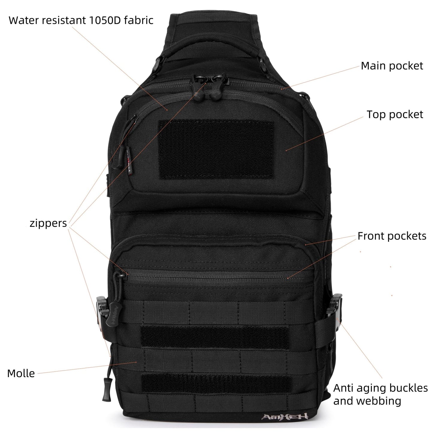 AMHEH Military Tactical Crossbody Sling Bag One Strap Backpack 15L Black | Fit 12 Inch Laptop, Molle, Travel, Hiking, Daily Use