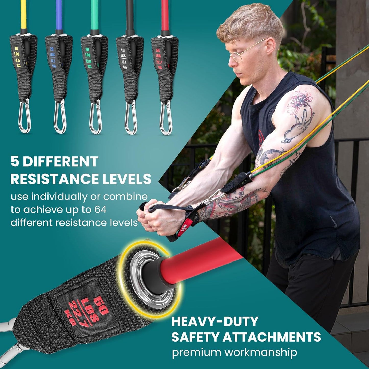 Resistance Bands Set with Handles, Door Anchor, Ankle Straps + Exercise Ebook, 5 Long Latex Tubes Premium Heavy Duty Expander Cords, Full Body Butt Leg Fitness Workout Women, Powerlifting Training Men