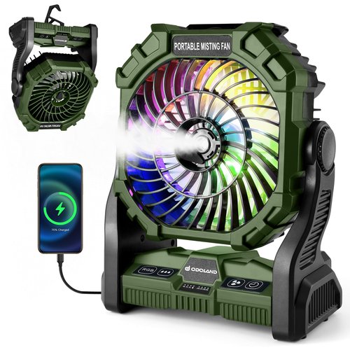 Odoland Portable Camping Fan with LED Lantern, 20000mAh Battery Operated Rechargeable Misting Fan with Light, 250mL Water Tank, Hook, Outdoor Tent Cooling Fans for Patios Beach Travel Summer, Green