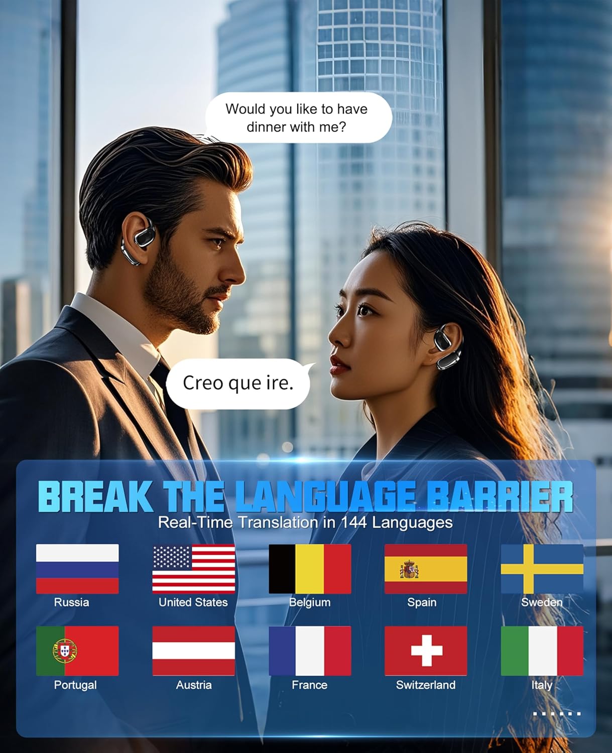 AI Translation Earbuds Real Time, 2025 Upgraded 144 Language Translator Earbuds 3-in-1 Translation Headphones, Translation Device for Travel Business Learning Compatible with iOS and Android