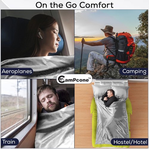 CAMPCONE Silky Sleeping Bag Liner Cold/Warm Weather–XL Travel Sheets for Hotel 85"×52"– Lightweight Sleep Sack with Zipper & Pillow Pocket-100% Polyester Adult Sleep Sack - Hotel Sleeping Bag. (Grey)