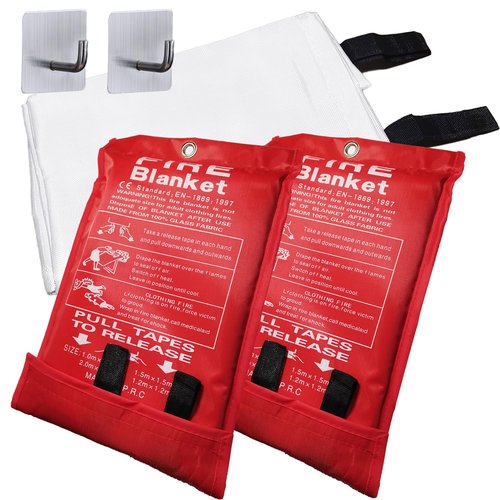 QiStars Emergency Fire Blankets 2 Pack 39"*39", Fiberglass Fire Blanket for Emergency Survival Safety, Emergency Retardant Blanket for Kitchen House Camping Car Office Warehouse, with Hooks*2 (002)