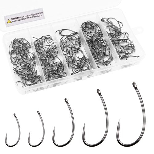 OROOTL Barbless Fishing Hooks Kit, 210pcs Carp Fishing Fly Tying Hooks Circle Curve Shank Barbless Fish Hook for Live Bait Carp Hair Rig Trout Freshwater Saltwater