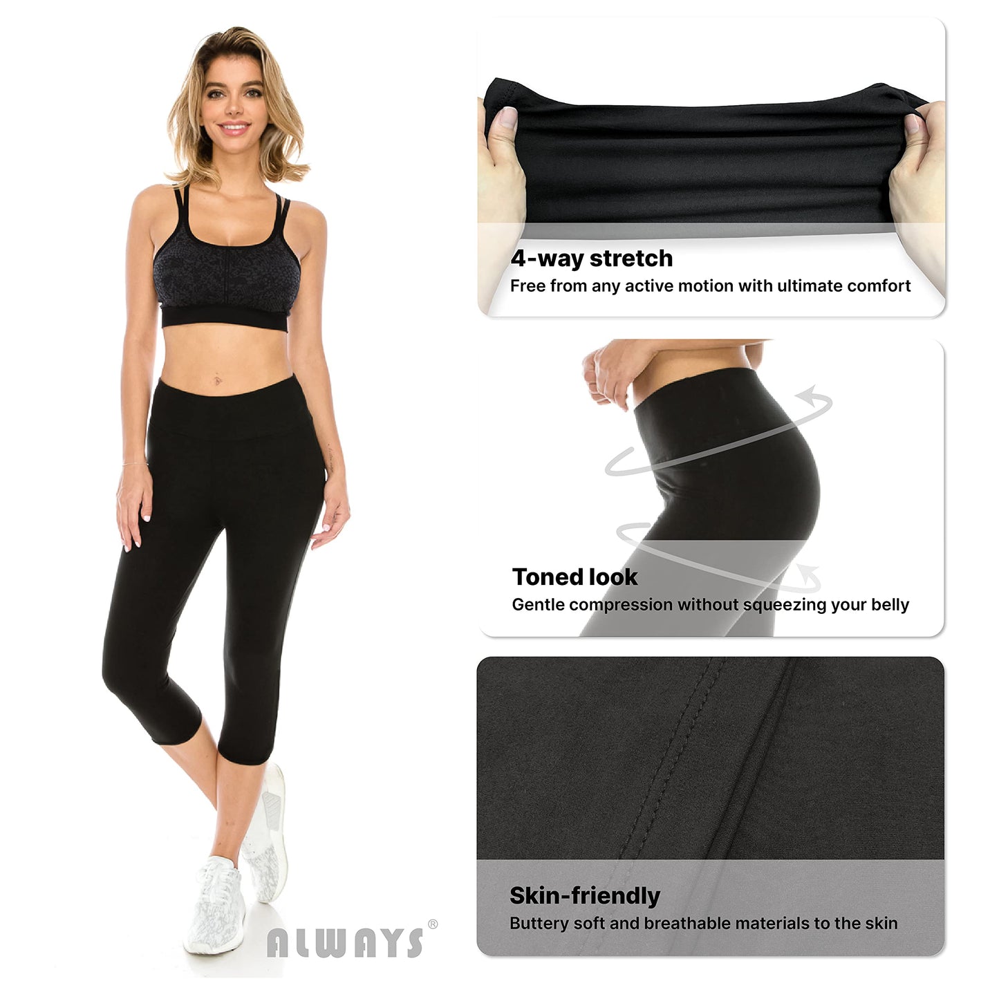 ALWAYS Women High Waisted Capri Leggings - Premium Buttery Soft Stretch Solid Basic Yoga Workout Pants Black Plus