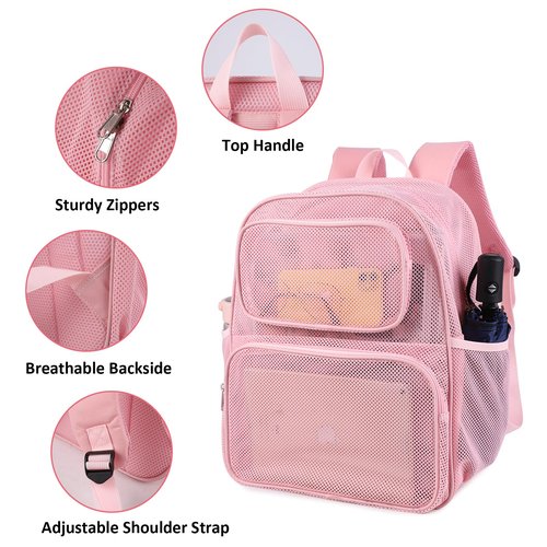 COVAX Large Mesh Bookbag, Semi-transparent College Backpack, See Through Mesh Backpack with Bungee and Comfort Padded Straps for Travel, Swimming, Beach, Outdoor Sports (Pink)