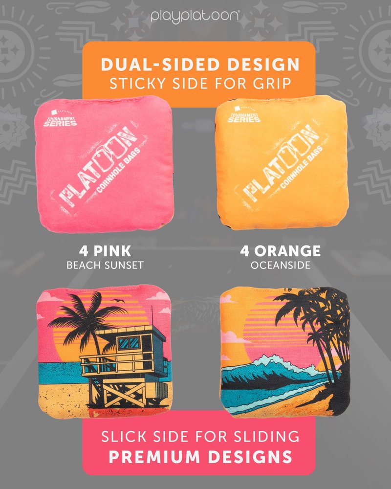 Play Platoon Pro Cornhole Bags Set of 8 - Professional Dual Sided Slick and Sticky Side Competition Corn Hole Bags - Tournament Series 4 Pink & 4 Orange (Oceanside Vibe)