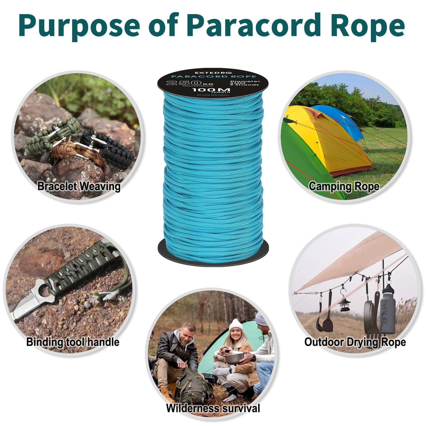 EXTEDRG 100 Meters Paracord Rope 4mm Outdoor Camping Binding Rope (Black)