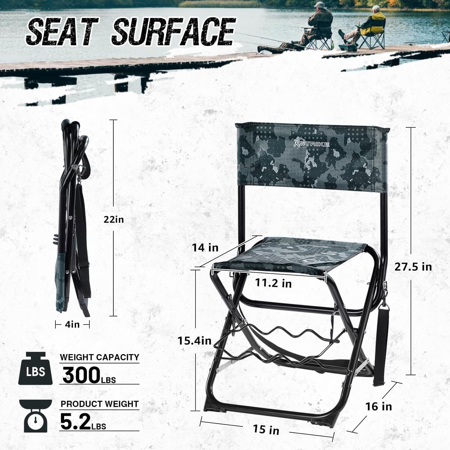 X Strike Fishing Chairs with Rod Holder Outdoor Folding Fishing Stool for Adults Portable Camping Chair for Ice Fishing, Camp, Lawn, Patio, Garden, 300LBS.